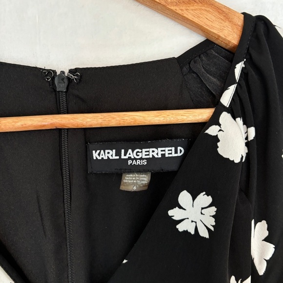 KARL LAGERFELD PARIS womens black white Floral-Print Crepe Dress midi size 6 - Picture 2 of 12